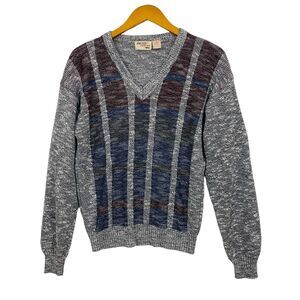 The Fox Collection Mens Knit Sweater Medium Gray V-Neck Striped Long Sleeve